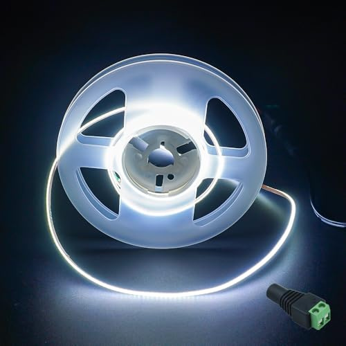 JBdusn 12V COB LED-remsa 6500K, 5m flexibel högdensitets 2mm bred lysrör ljusband 480LED/m klippbar ljustejp självhäftande för sovrum och kök gör-det-själv-belysningsprojekt (utan strömförsörjning)