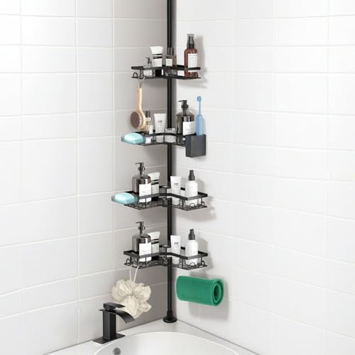 YEVVAIOC Corner Shower Caddy Tension Pole,43 to 121 Inch Adjustable Bathroom Organizer Shelves Rustproof with 4-Tier, for Small Bathrooms, Floor Standing Bath Rack Holder - Black