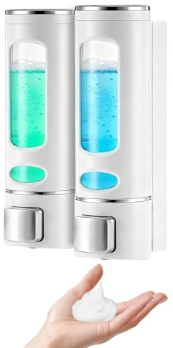 Tvålpump väggmontering, 400 ml x 2 kammare tvåldispenser vägg utan borrning, påfyllningsbara transparenta flaskor, dispenser för schampo, balsam, duschgel, flytande tvål (vit)