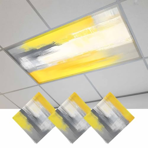 Fluorescent Light Covers, Yellow Grey Magnetic Light Covers for Ceiling Lights, Abstract Contemporary Oil Painting Art Fluorescent Ceiling Shade Filters for Classroom Bedroom Office 4x2Ft x 3PCS
