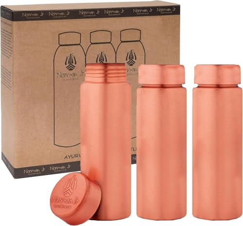 NORMAN JR. 100% reine Kupfer-Trinkflasche (400 ml) 3-teiliges Geschenkset, schlicht; Ayurvedisches Kupferflaschen-Set für Männer & Frauen. Geschenkset für Vatertag, Muttertag und Weihnachten.