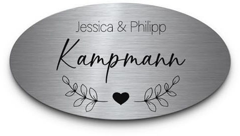 Ovales Briefkastenschild Edelstahl V2A gebürstet - personalisiert mit Namen - ab 15x8 cm - Klingelschild selbstklebend o. Bohrung - Namensschild Haustür Türschild - große Motiv Auswahl