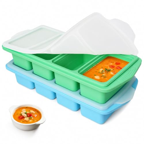 pupuluck Confezione da 2 contenitori per zuppe, in silicone, con coperchio, per la preparazione dei pasti, 8 stampi per zuppe da 1 tazza per conservare brodo da 250 ml/125 ml, per uso alimentare