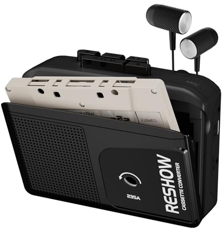 Reshow Enregistreur de cassette portable avec microphone et haut-parleur intégrés, convertisseur de cassette USB vers MP3, fonction d'enregistrement arrière, casque inclus (noir)