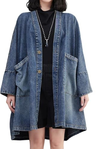 Giacca lunga oversize da donna in denim, cappotto spolverino vintage in
