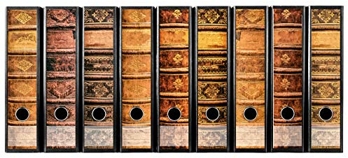 codiarts. Ordnerrücken selbstklebend | Etiketten Set für 9 breite Ordner | gestantzt mit Griffloch | Rückenschild breit | vintage Motiv alte Bücher