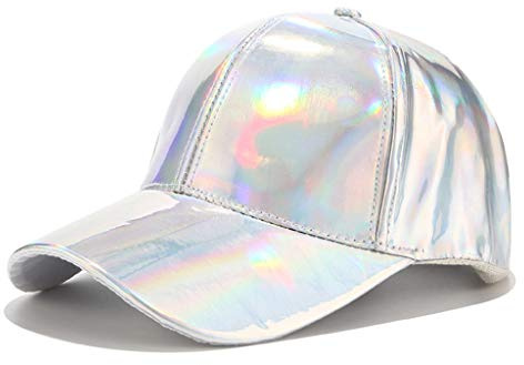 niumanery Women Men Faux Leather Baseball Cap Glitter Metallic Holographic Rainbow Reflective Hip Hop Adjustable Strapback Peaked Hat Silver