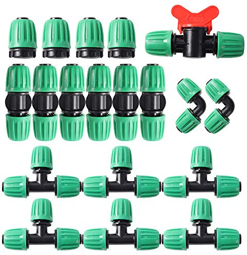 FULAIERGD 19-Teiliges Bewässerungsarmaturen-Kit für 1/2 Tropfschläuche - 6 T-Stücke, 6 Kupplungen, 4 Enden, 2 Winkelstücke, 1 Schaltventile - Steckverbinder mit Widerhaken