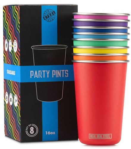 Real Deal Steel Rainbow Stainless Steel Pint Cups 16 oz, 8 Pack Stackable