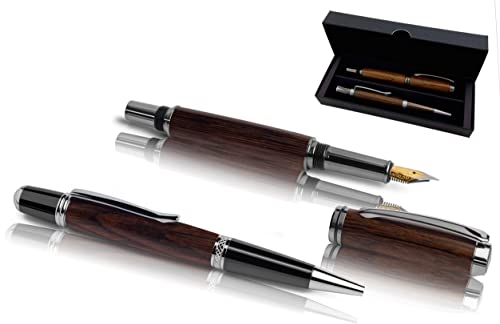 Handgefertigtes Schreibset aus Echtholz | Geschenkset mit Füller & Kugelschreiber aus Edel Holz im Etui | Exklusives Business Geschenk Set für Mitarbeiter & Kunden (Mooreiche)