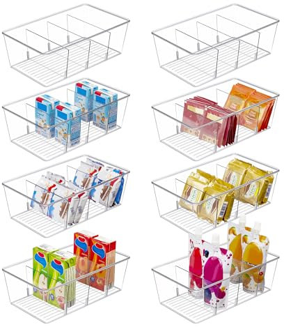 Vtopmart 8 Pack Food Storage Organizer Bins, Clear Plastic Bins for Pantry, Kitchen, Fridge, Cabinet Organization and Storage, 4 Compartment Holder for Packets, Snacks, Pouches, Spice Packets