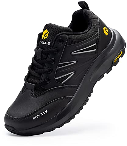 FitVille Mens Extra Wide Fit Hiking Shoes, Walking Trekking Trainers with Arch Support for Heel Pain Relief, Sturdy Core X-Wide 11 UK Black