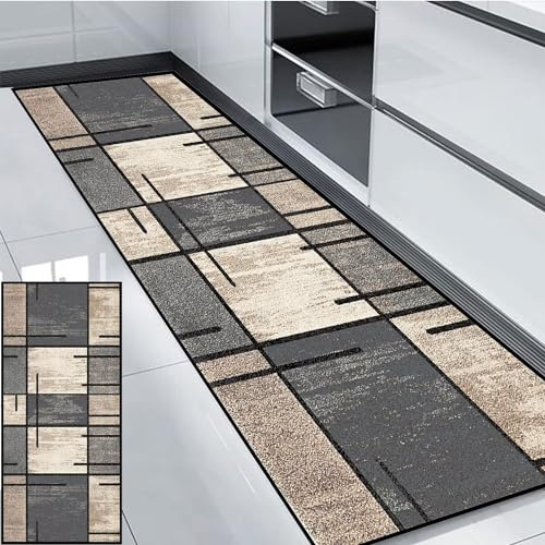 HUAXIQUE Teppich Wohnzimmer Teppich Waschbar in Waschmaschine Outdoor Teppich Wetterfest Terasse Grau Beige Teppich Läufer für Wohnzimmer Flur Büro Schlafzimmer Küche 60x260cm Stil A