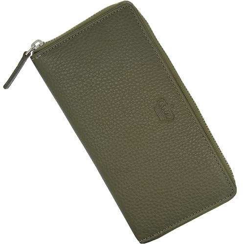 Baur Damen Geldbörse Echt Leder Geldtasche | Geldbeutel mit RFID Schutz | Großes Portemonnaie viele Kartenfächer | Wallet mit Rundum-Reißverschluss | Portmonee | Damen-Geldbörsen (Olive)