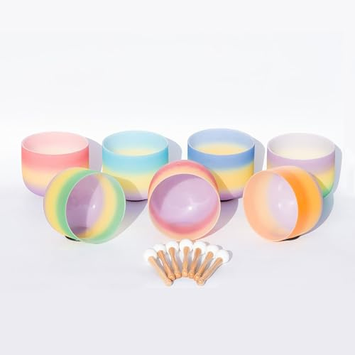 Cuenco tibetano de cristal de cuarzo esmerilado, juego de 7 piezas de arcoíris, cuenco musical for chakras de 432 Hz, ideal for yoga, relajación, meditación y curación con sonido