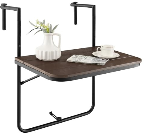 GOPLUS Table de Balcon Suspendue Pliable, Réglable Hauteur, Résistante aux Intempéries, Table Suspendue de Balcon jusqu'à 30 kg, 60×62,5×84 cm (Café)