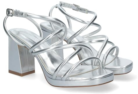 shoes&blues.es 80733-Sandalias de Mujer de Fiesta, con Tiras entrecruzadas con Brillantes, Tacon Cuadrado Metalizado y Cierre de Hebilla Ajustable. Talla 37 Plata