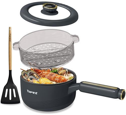 TOPWIT Hot Pot Electric with Steamer, 2L Multifunctional Electric Pot, Non-Stick Fring Pan, Portable Pot for Steak, Fried Rice, Ramen, Soup with Dual Power Control (Silicone Spatula Included), Grey