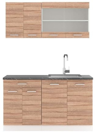 Vicco Singleküche R-Line, Sonoma, 140 cm | 4 Module · Höhenverstellbare Füße · AP Anthrazit inkl. · Robuste Fronten · Mit Glasschrank · Frei kombinierbar