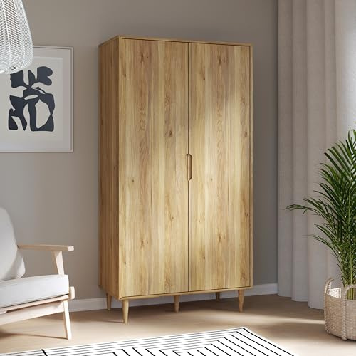 Forte Sherbrooke, einfache Montage Dank EasyKlix Kleiderschrank Holzdekor: Mauvella Eiche, 2 Türen, Einlegeböden und Kleiderstange, Mid Century, 105 cm breit x 202 cm hoch x 52 cm tief