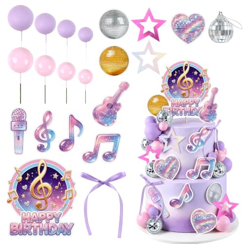 48 Stück lila Kpop Geburtstagskuchenaufsätze Musik Discokugel | Kuchendekoration aus Papier, Motiv: Gitarre, Mikrofon, Herz, Disco und lila Kugel, Lila
