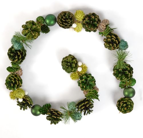 Christmas Garland Natural Pine Cone, Wooden Flowers & Emerald Green Baubles | Traditional Style, Mantelpiece, Windowsill, Banister, Garland