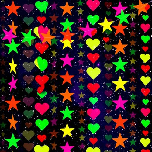 Qpout Ghirlande di carta al neon Amore cuore stelle stelle filanti appesi Neon Party Glow in The Dark Party Fluorescente appeso Loving Dots Star Banners