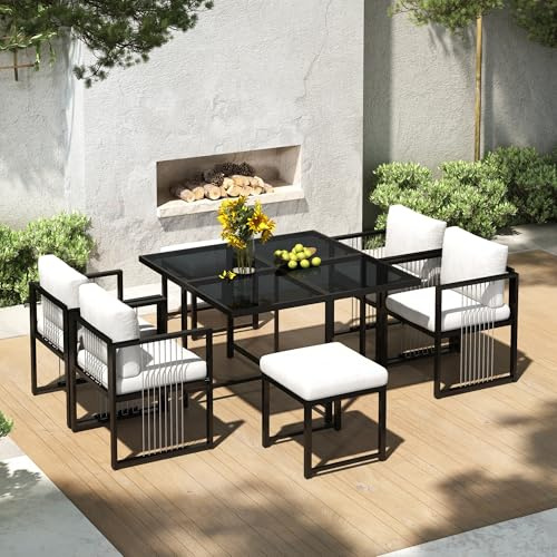 Merax Garten Essgruppe, 7-teiliges Esstisch Set für 6 Personen, Gartenmöbel mit Seilgeflecht-Stühlen, Gehärtete Glasplatte, Abnehmbare & Waschbare Kissen, Für Terrasse, Balkon & Garten, Schwarz & Weiß