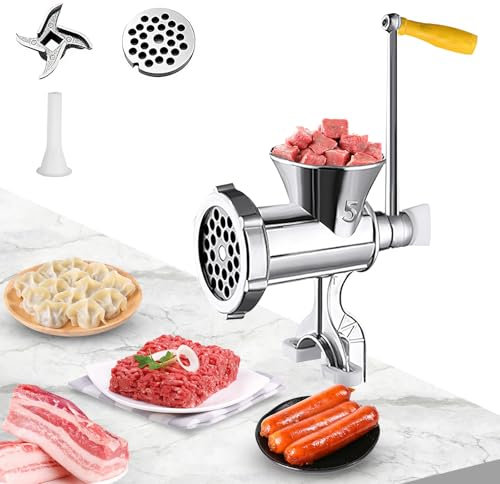 Hachoir Manuel, Hachoir à Viande Manuel en Acier Inoxydable et Machine à Saucisses avec 1 Tête de Couteau, Assiette à Viande et Tube à Lavement, Hachoir à Viande pour la Viande et les Légumes (Petit)