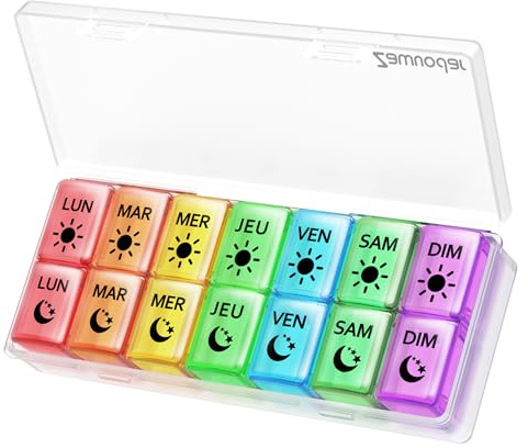 Pilulier Semainier Français Matin et Soir, Grand Pilluliers Medicaments 7 Jours 2 Compartiments Pilulier Hebdomadaire 2 Fois par Jour (Multicolore)