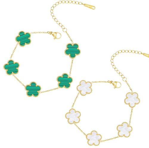 Fonyiunce 2 stycken fyrklöverarmband, lyckoarmband för kvinnor, lyx lyckoarmband, 18K guldpläterad klöver armband, daen armband, för kvinnor och flickor (vit och grön), S, 18 karat guldpläterad, Agat