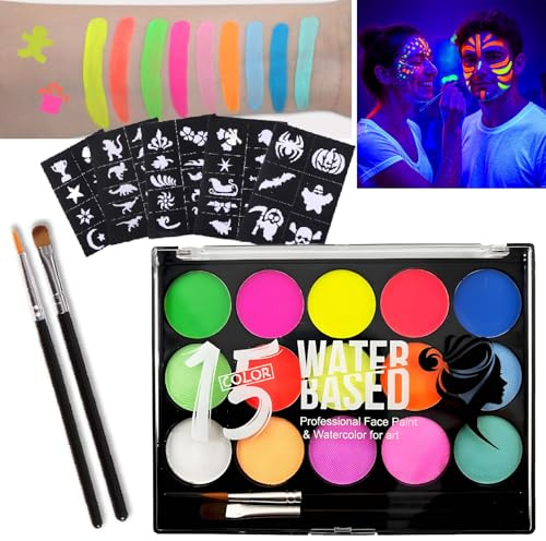 15-Color Neon Glow Face Art Water-Based Washable Paint Palette with Two Brushes - 44 Reusable Stencils for Halloween Carnival Party Cosplay Festive Events Adults Older Participants UV Light