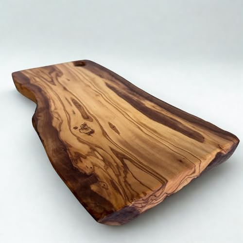 tripleborder TB Rustico Tabla de cortar hecha a mano de madera de olivo, tabla de servir rústica y tabla de aperitivos, tabla de queso maciza, regalo para bodas y cumpleaños, tamaño M, aprox. 30 x 14