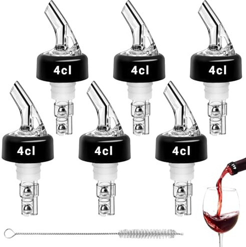 Coco Berming 6 pezzi Versatore Bottiglia, Dosatore per Bottiglie 4cl, Versatori Dosatori Trasparenti con Spazzola, Versatore Automatico Misurato per Bottiglie per Vino Rosso, Whisky (40ml)
