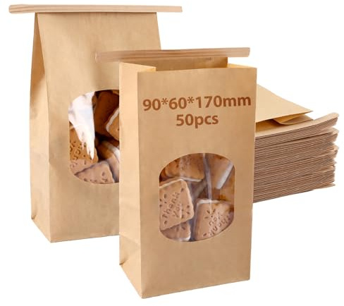 LDXDRU 50pcs Papiertüten mit Fenster, 17x9x6cm Kraftpapier Tüten mit Sichtfenster, Papiertüten Klein mit Verschlussclips Ölbeständig für Nüsse Kaffeebohnen Teeblätter Gewürze, Süßigkeiten bäckertüten