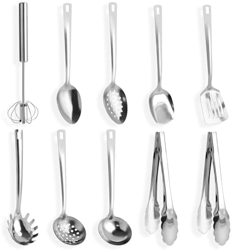 Edelstahl Kochutensilien Set 10-teilig,Küchenhelfer Set Edelstahl,mit Multifunktionale Kochlöffel,Schaufel,10in Halbautomatischer Schneebesen,Nudelserver,9in Kochzange,Hochbesteck Set