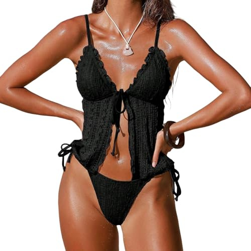 Women 2 Piece Cute Lace Tankini Bikini Set Ruffle Frill Tie Front Swimsuit Tie Side String Thong Bathing Suit Black