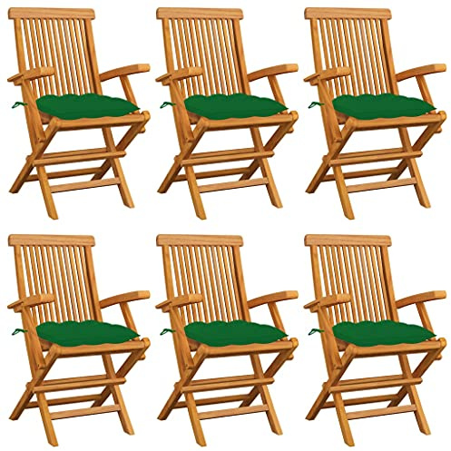 Mokuyary Trädgårdsstolar med gröna kuddar, set om 6, massivt trä, teak, balkongstol, terrassstolar, matstolar för terrass, trädgård, balkong