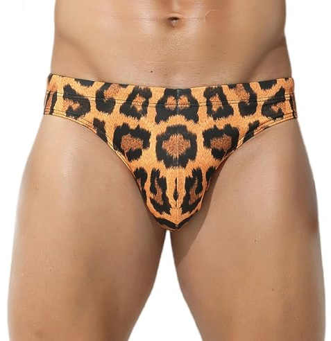 Ausing Men's Swim Brief Bikini Swimwear Leopard Print Quick Dry Swimsuit Surf Swimming Brief with Drawstring EU XS-L(Tag S-XL)