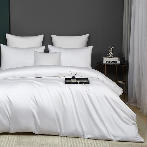Luofanfei Housse de Couette Coton 220x240 Satin de Coton Blanc Parure de Lit Doux Soyeux Respirant Lyocell Soie Linge de Lit 2 Personne avec Fermeture Éclair et Taies d'oreiller 65x65 cm