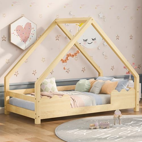 BXEYXE Hausbett Kinderbett 90x200cm mit Rausfallschutz Spielbett Jugendbett Massivholz in Natur