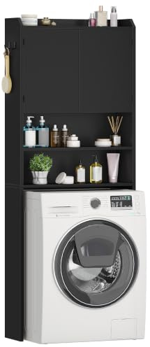 Hzuaneri Mobile lavatrice,24 x 65 x 185cm,2 rip. apert., rip. regol., Nero | Mobile sopra lavatrice, Stile moderno minimalista, Porta WC doppia anta, LR65003X,ELR65006X