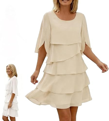 Chiffongklänning Dam med Volanger, Elegant Midi-klänning med 3/4 Klockärm, Flowy Lager-på-lager Klänning för Bröllopsgäst Fest och Fina Tillfällen(Beige,L)