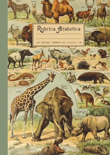 Rubrica Alfabetica quaderno A4 righe: Grande formato 21x29,7 cm, 160 pagine con riferimenti per ogni lettera A-Z | Bella copertina retrò vintage fauna africana, safari, mammiferi selvaggi e natura.