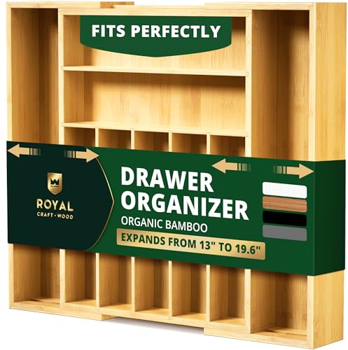 ROYAL CRAFT WOOD Luxury Bamboo Kitchen Drawer Organizer - Silverware Organizer, Utensil Holder & Cutlery Tray Drawer Dividers for Flatware (9 Slot, Natural)