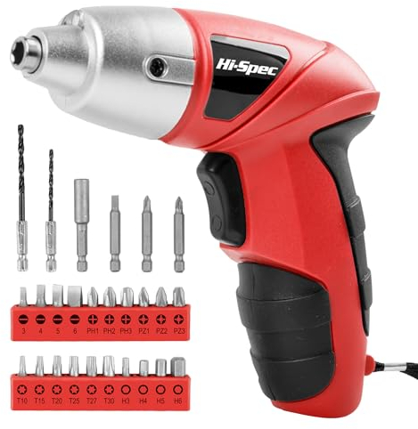 Hi-Spec Juego de 27pcs Destornillador Eléctrico Rojo 3.6V USB. Inalámbrico y Recargable con Set de Puntas de Atornillar