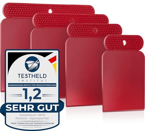 PETITONE Japanspachtel - 4tlg Premium Kunstoff Spachtel Set - Leicht zu reinigender Flächenspachtel - Spachtel Werkzeug - Extra große Griffnoppen - Spachtel Acrylmalerei - Besonders Präzise 45°-Kante
