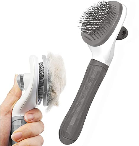 Dog/Cat Brush Grooming Comb,Self Cleaning Slicker Brushes with Smooth handle,Pet Grooming Tool with Cleaning Button for Cat Dog Shedding Tools Massage Clean Tangled Brush(Grey)
