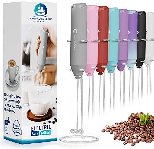 Electric Milk Frother Handheld, Battery Operated Whisk Beater Foam Maker for Coffee, Cappuccino, Latte, Matcha, Hot Chocolate, Mini Drink Mixer, With Stand, Grey