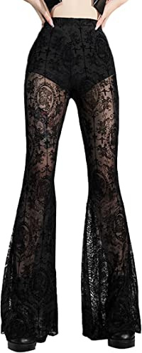 FEOYA Damen Goth Velvet Flare Hose Lace Patchwork Schwarz Hose Goth Punk Floral Sheer Mesh Bell Bottom Trousers B1 L